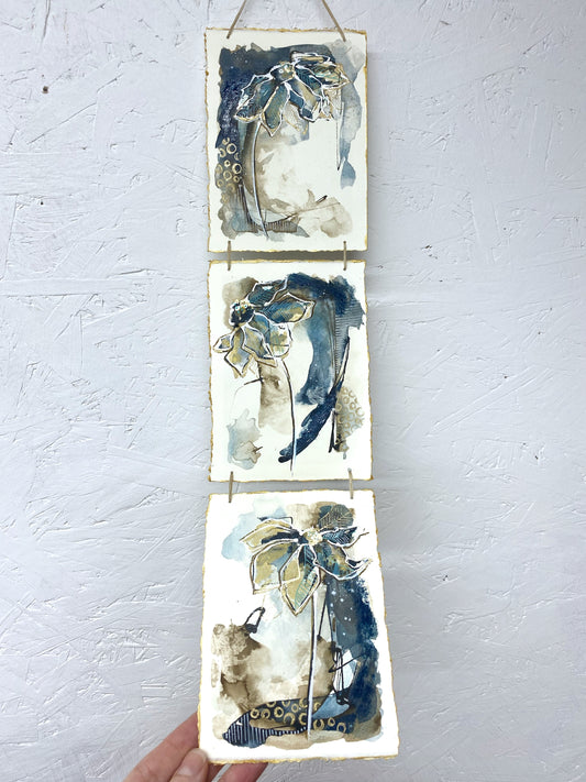 Midnight Daisies - Original Painting, Triptych Wall Hanging - Carla Jennings Art