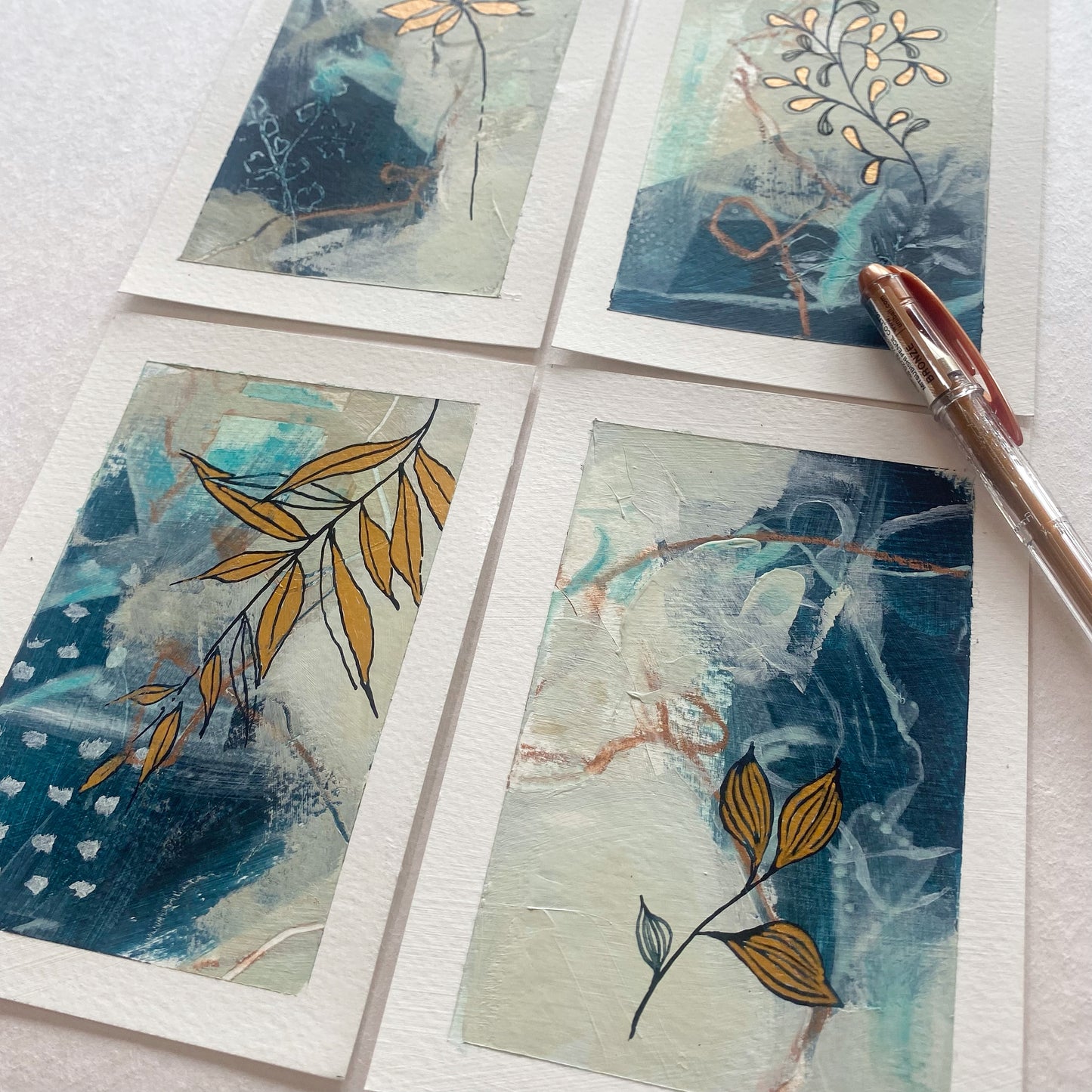 Go With the Flow I - Set of 4 mini original paintings with gold detail