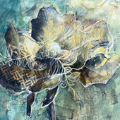 Abstract botanical painting layered with mixed media