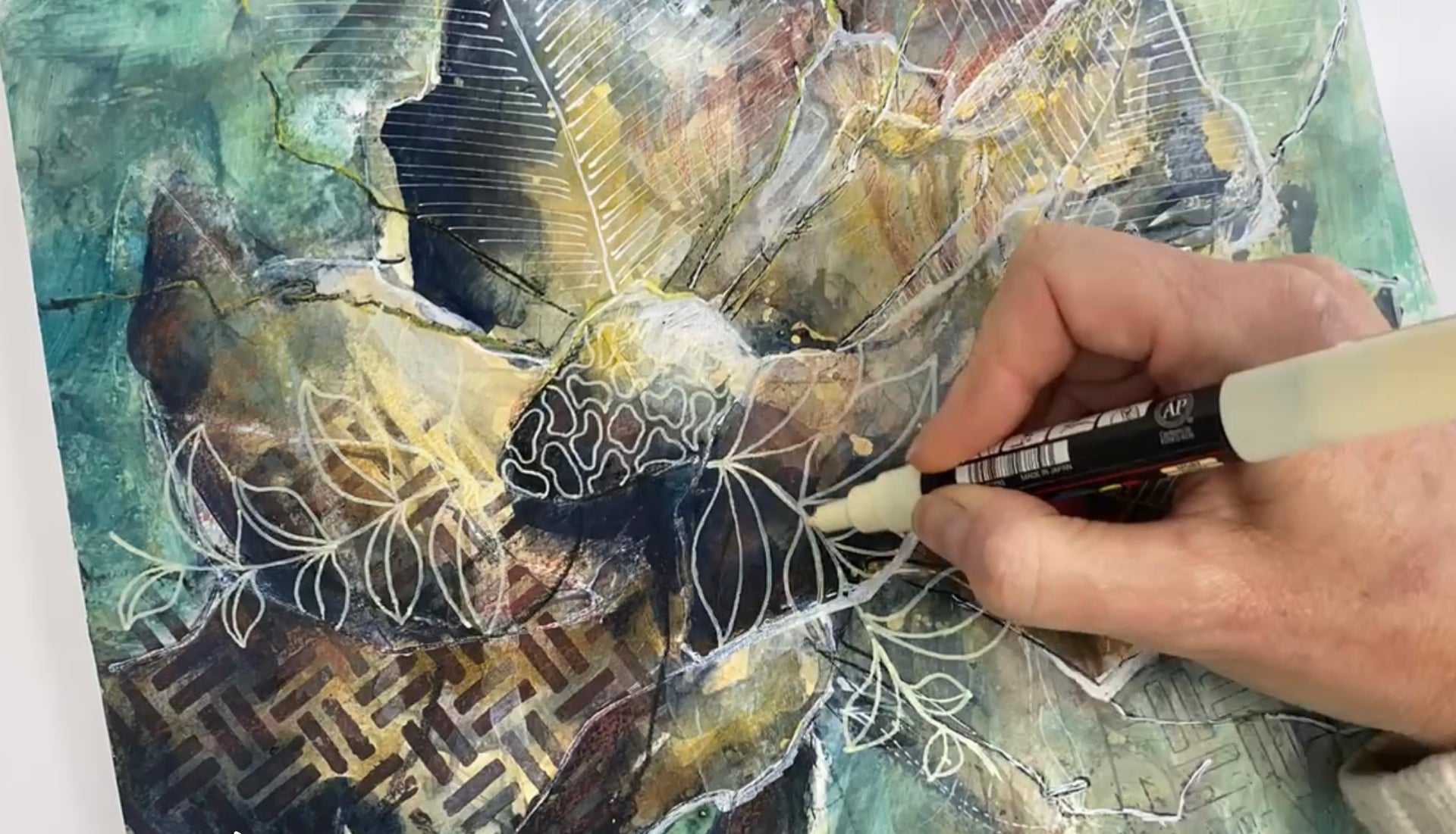 Load video: Artist learning to let go of fear of messing up her artwork. Painting an abstract flower with mixed media, enjoying the process. Join the online course for immediate lifetime access &amp; paint with me.