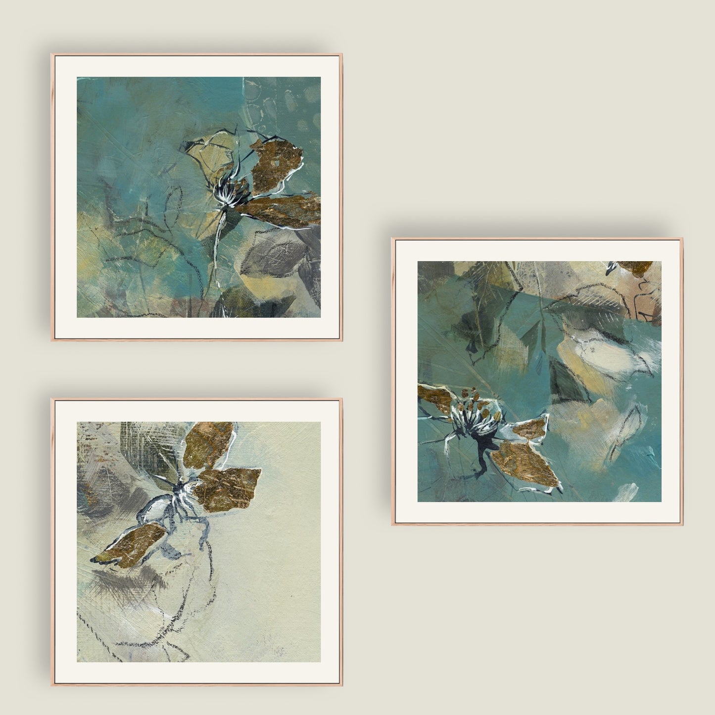 Set of 3 Mini Art Prints - Golden Blooms