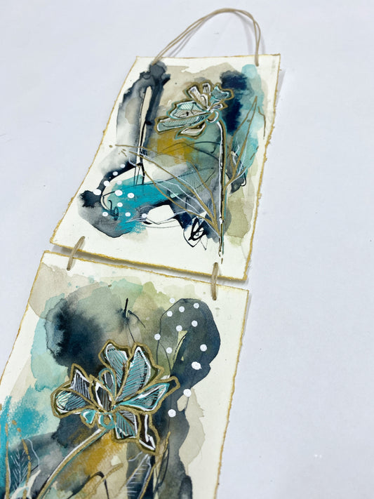 Turquoise Meadow - Original Painting, Triptych Wall Hanging