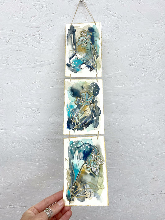 Turquoise Meadow - Original Painting, Triptych Wall Hanging - Carla Jennings Art